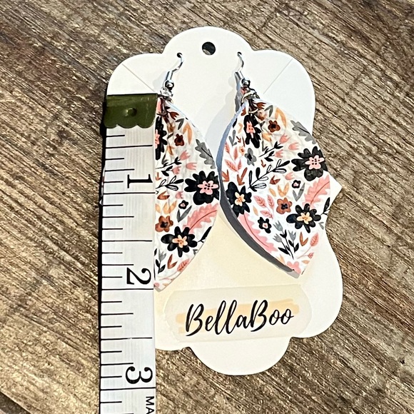 Leather Earrings Floral 2” Navy Pink White - Picture 2 of 4